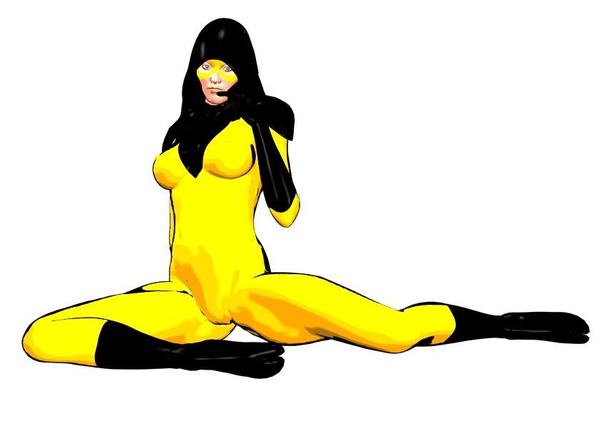 A woman in a black and yellow costume sits in front of a white background.