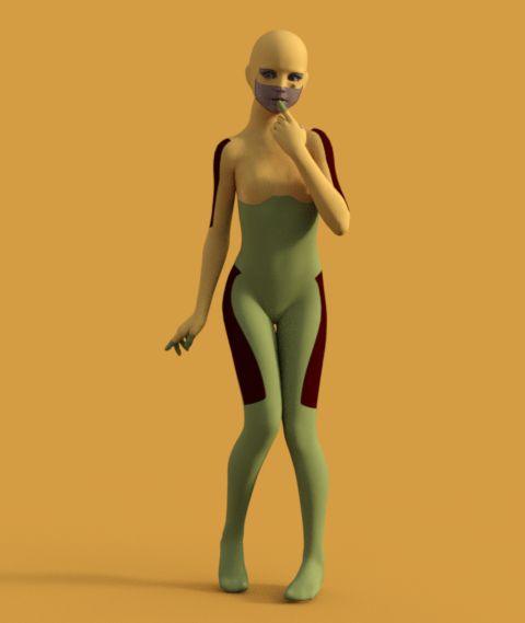 A girl in a yellow and green costume against a yellow background.