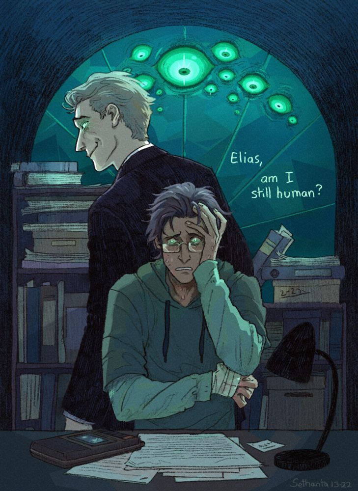 An illustration of Jonathan Sims from the Magnus Archives asking to Elias Bouchard if he (John) is still human