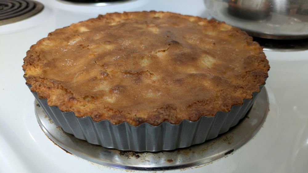 A golden brown apple cake in a tart pan cooling on a stovetop.