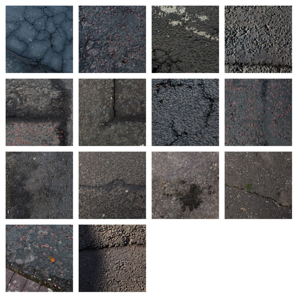 Grid of 14 photos of the ground near Glenfada Park in Derry where the fourteen people who were shot by the British Army on Bloody Sunday fell. Taken 30 January 2022, the fiftieth anniversary of the massacre 