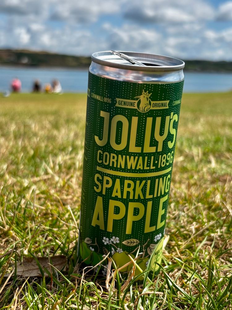 Eine Getränkedose auf Rasen
Beschriftung: Jollys Cornwalls Sparkling Apple 