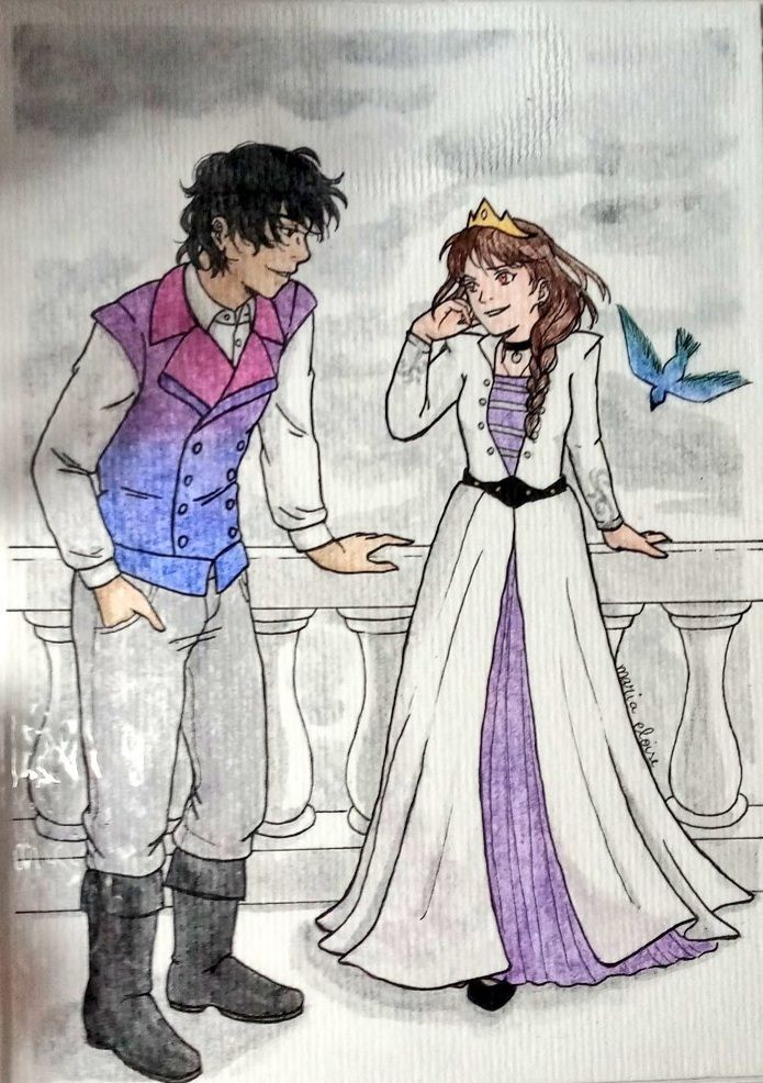 Imagem. Desenho em aquarela no estilo mangá, mostra um casal de rapaz e uma moça, voltados parcialmente um para o outro, se olhando. Ele tem cabelo preto ondulado, soprado na direção do vento e tem a pele castanha-clara. Usa uma camisa branca, calças cinza e botas pretas. Tem um colete das cores da bandeira bissexual: passando do roxo ao azul, com lapelas rosa. Ela tem a pele branca, cabelos castanhos trançados, jogados sobre um ombro, e usa a mão direita para colocar uma mecha de cabelo atrás da orelha. Usa uma coroa dourada e um vestido que se parece um sobretudo branco aberto sobre um lilás; nas mangas brancas e na frente há detalhes prateados e ao redor da cintura um cinto preto. Eles estão numa varanda, e no canto direito há um pássaro azul sobrevoando o céu nublado.
