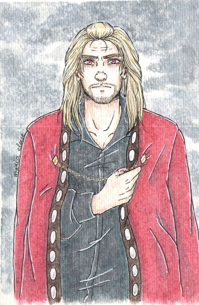 Ilustração colorida em aquarela de personagem. Homem adulto, branco, de cabelos loiros e lisos,passando um pouco dos ombros. Ele está com as sobrancelhas franzidas e tem três linhas de expressão na testa, usa um cavanhaque e os olhos são vermelhos. A camisa é preta e usa um paletó vermelho jogado sobre os ombros, que segura com a mão direita e está preso por uma corrente dourada. O fundo é um céu cinza nublado.
No canto direito, ao lado do ombro dele, está a assinatura da artista, maria.eloise

