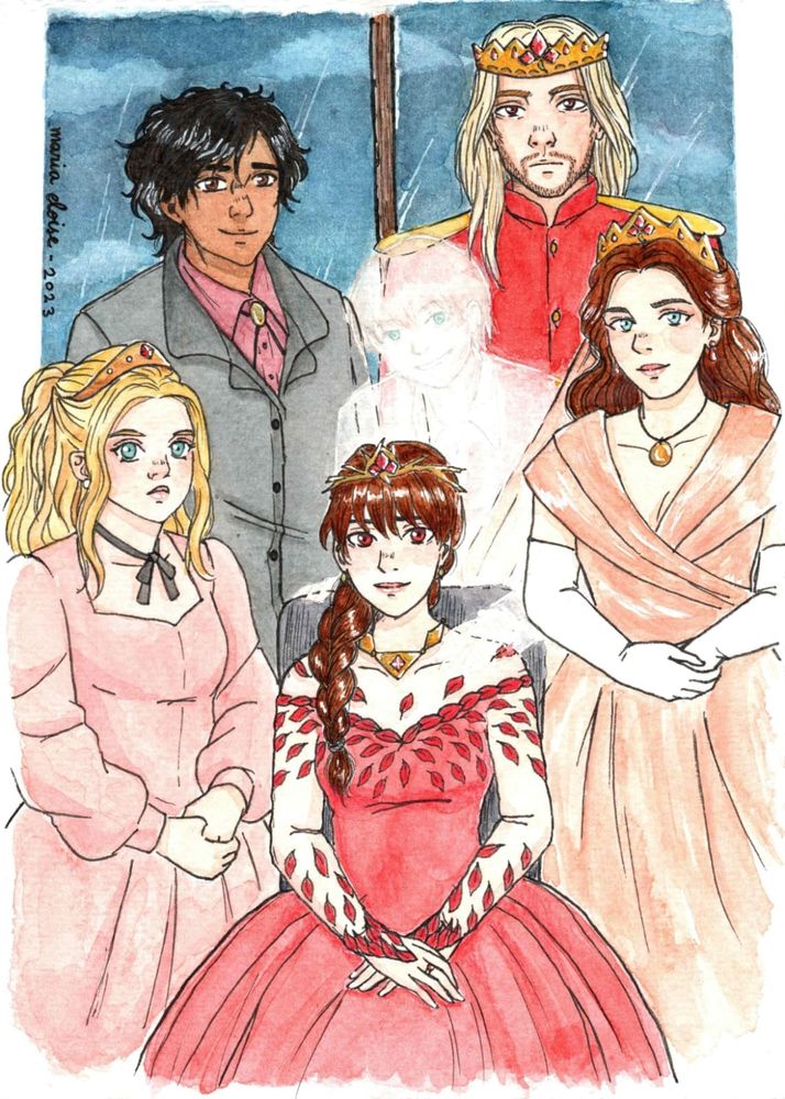Arte em aquarela. Seis personagens, "posando" para um retrato em família formal. Três são mulheres, brancas, usando coroas douradas, na linha de frente: A do canto esquerdo tem cabelo loiro e ondulado, olhos claros e vestido rosa. A do centro, tem cabelos castanhos, numa trança jogada no ombro esquerdo, tem olhos escuros, vestido vermelho e está sentada. A da ponta direita é mais velha, cabelos castanhos ondulados, olhos claros e usa um vestido cor salmão. Por trás delas, um homem e dois rapazes mais jovens. O homem mais velho, um rei, está de roupa vermelha, coroa dourada, tem cabelos loiro desbotados até os ombros  , olhos escuros e está inexpressivo; ele está no canto direito. No canto esquerdo, um rapaz de pele castanha-clara, terno cinza e camisa vinho, cabelos pretos ondulados e olhos escuros. Ao centro, um garoto que parece uma mancha branca, no qual só é possivel distinguir olhos verdes e um sorriso. O fundo é de uma janela com céu noturno. 
