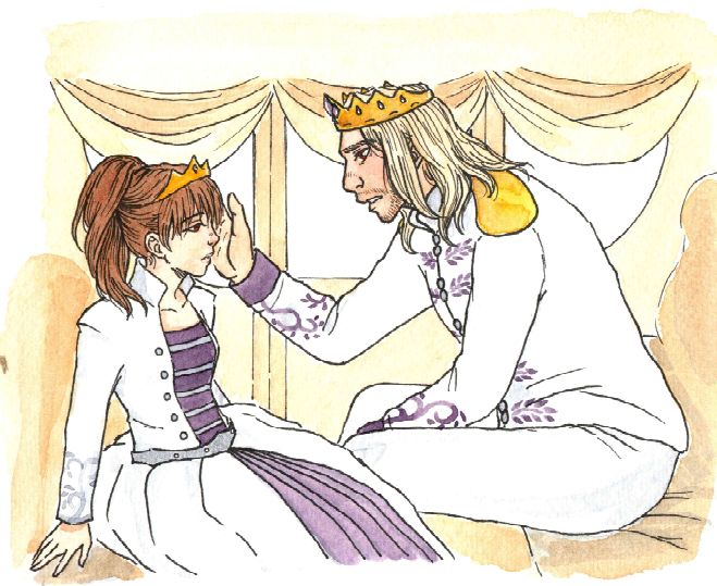 Ilustração de Alissa e o pai. Ela está meio sentada, meio deitada, como quase escorregando do banco da carruagem, a expressão atordoada, abatida, ao retornar de uma submersão; e Aristides está no banco da frente, se inclinando para ela, com uma mão em seu rosto, a expressão entregando preocupação. Ela parece bem pequena em comparação a ele, que ocupa quase todo o espaço. O fundo mostra o interior da carruagem num tom monocromático e opaco, dando destaque aos personagens.
