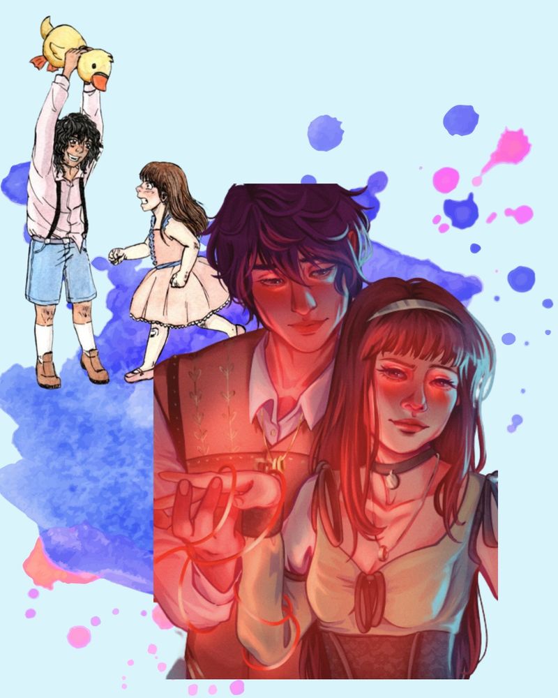 Montagem de fundo azul claro com uma "mancha" de aquarela azul-escuro.
No canto superior esquerdo, mostra duas crianças, um menino e uma menina; ele, de cabelos ondulados e pretos nos ombros e pele marrom-claro, está na ponta dos pés e segura um pato de pelúcia sobre a cabeça enquanto ri; ela, uma menina branca de cabelo castanho e liso, corre na direção dele com cara zangada; ambos estão cheios de arranhões nos joelhos e mãos.

No canto direito, e ocupando quase tudo, bem maior, estão eles maiores; o rapaz a abraça por trás e segura a mão dela enquanto a olha com sorriso suave; ela olha para a frente com um sorriso menor. O cabelo dele está mais curto. Usam roupas de época e há um fio vermelho brilhoso envolvendo as mãos deles.