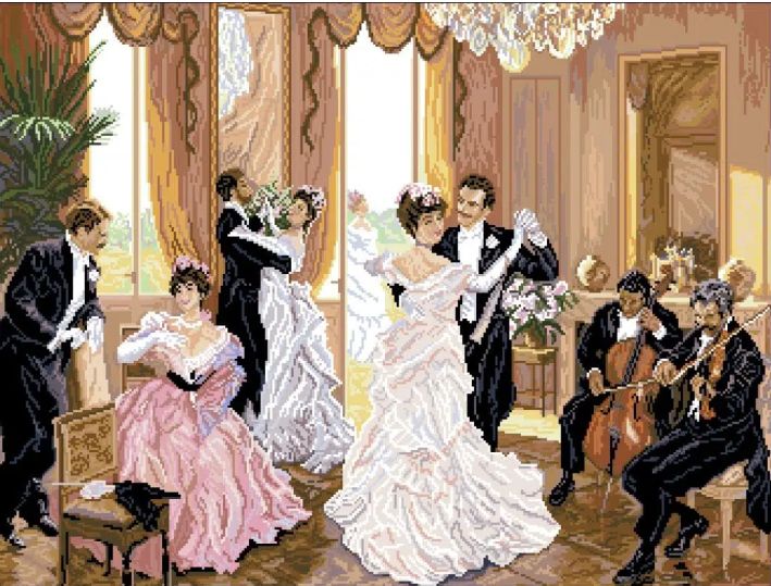 Ilustração pixelada retratando um sarau durante a belle epoque, com dois músicos, dois casais dançando e um sentado conversando, dentro de uma sala luxuosa.
