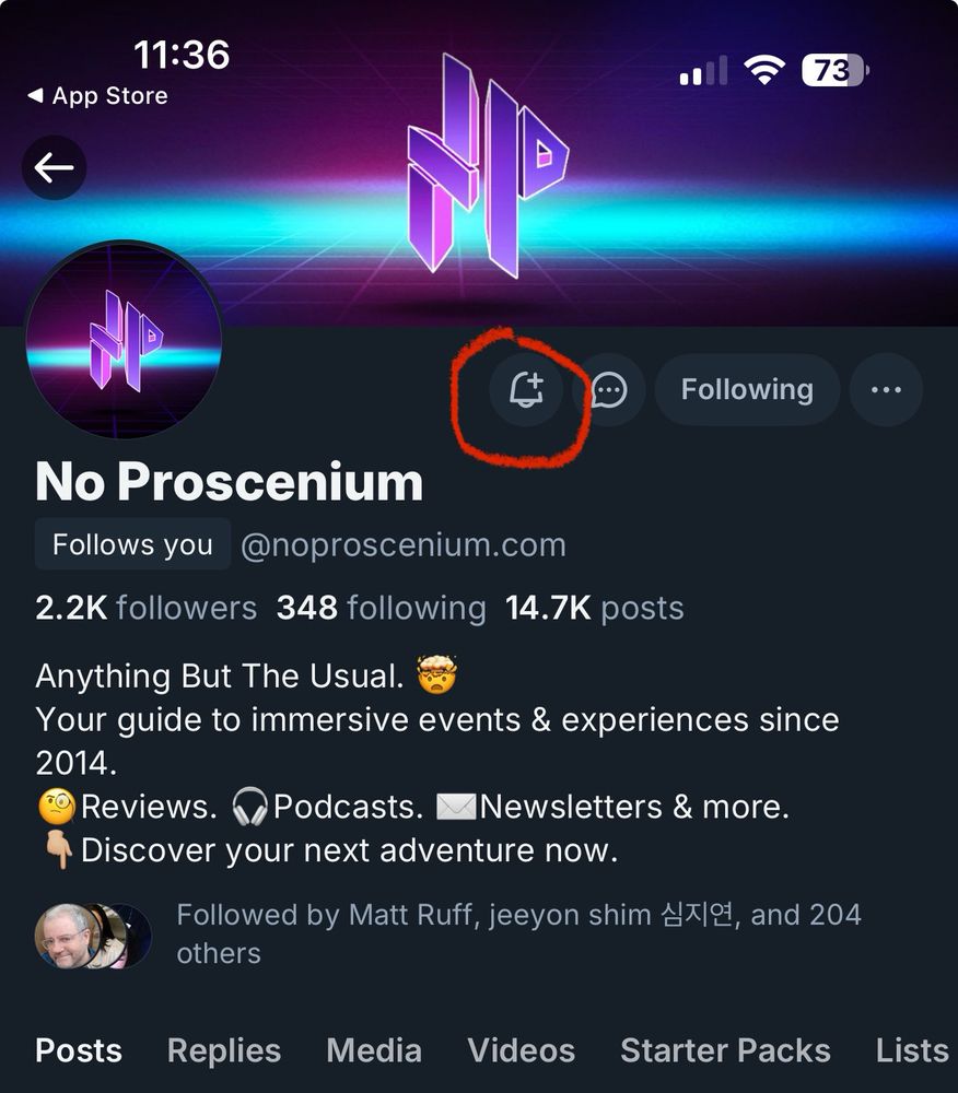 Screenshot of the No Proscenium profile page on Bluesky with the Bell button next to the DM button circled in red. 