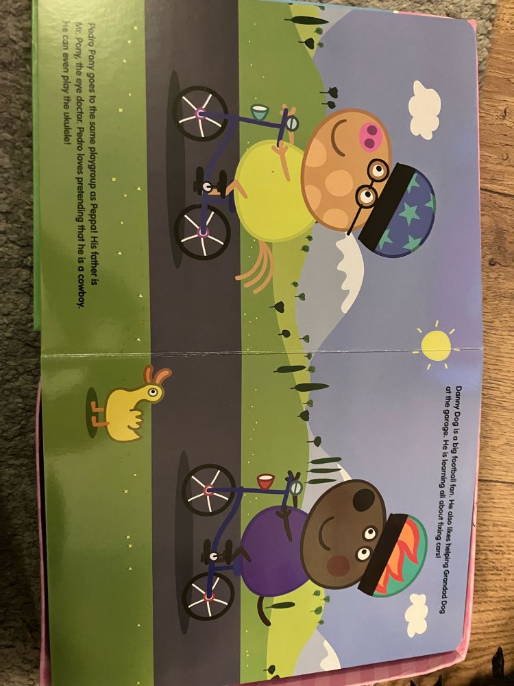 Page from Peppa pig introducing 2 of Peppa's friends by noting the occupation of a father and grandfather
