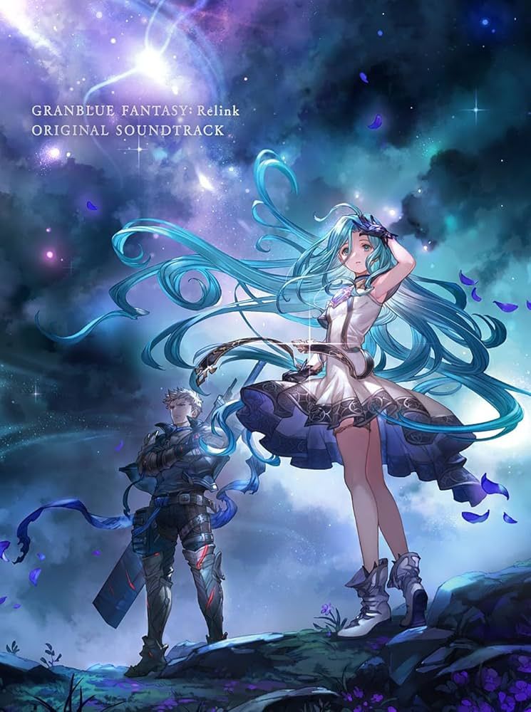 Pochette de l'OST du RPG Granblue Fantasy Relink, où l'on voit le personnage de Id avec une énorme épée sur le dos et celui de Lyria en premier plan.