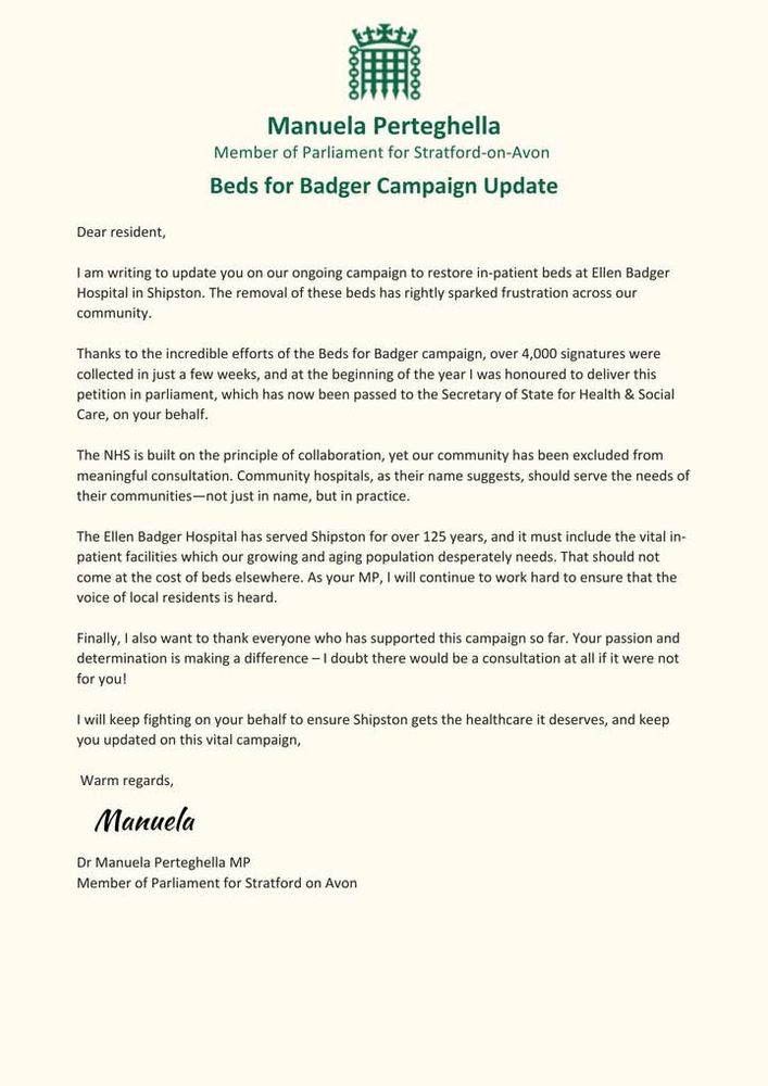 Letter to residents about progress  with the parliamentary petition to save the Beds for the Ellen Badger Hospital
