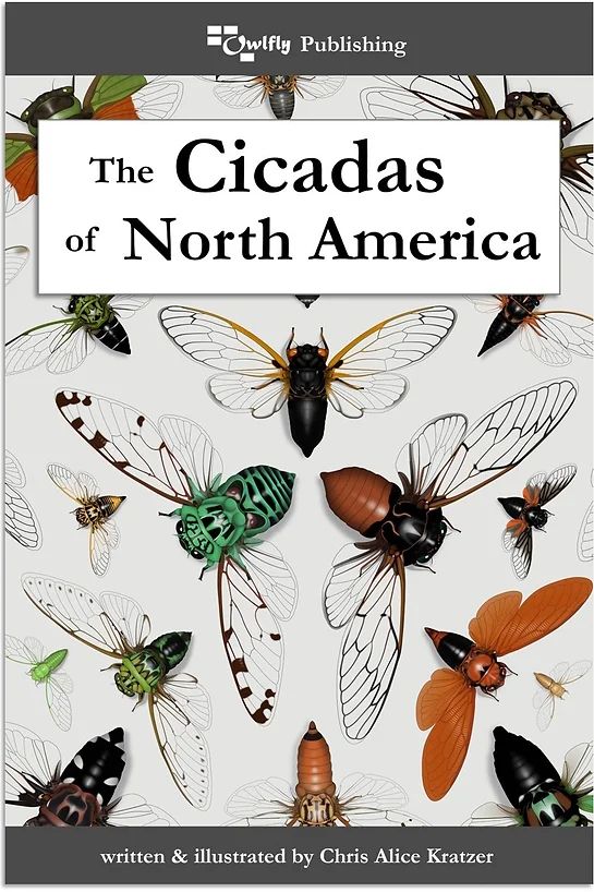 The cover of the book "The Cicadas of North America". Many cicadas of all shapes, sizes, and colors are arranged radially out from the center. 