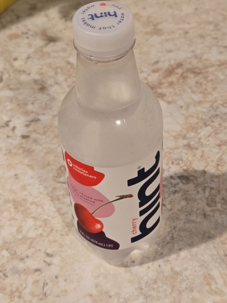 A bottle of cherry flavor Hint water