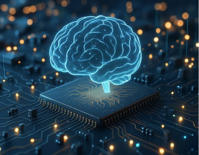 A human brain shape positioned over a computer's circuit board