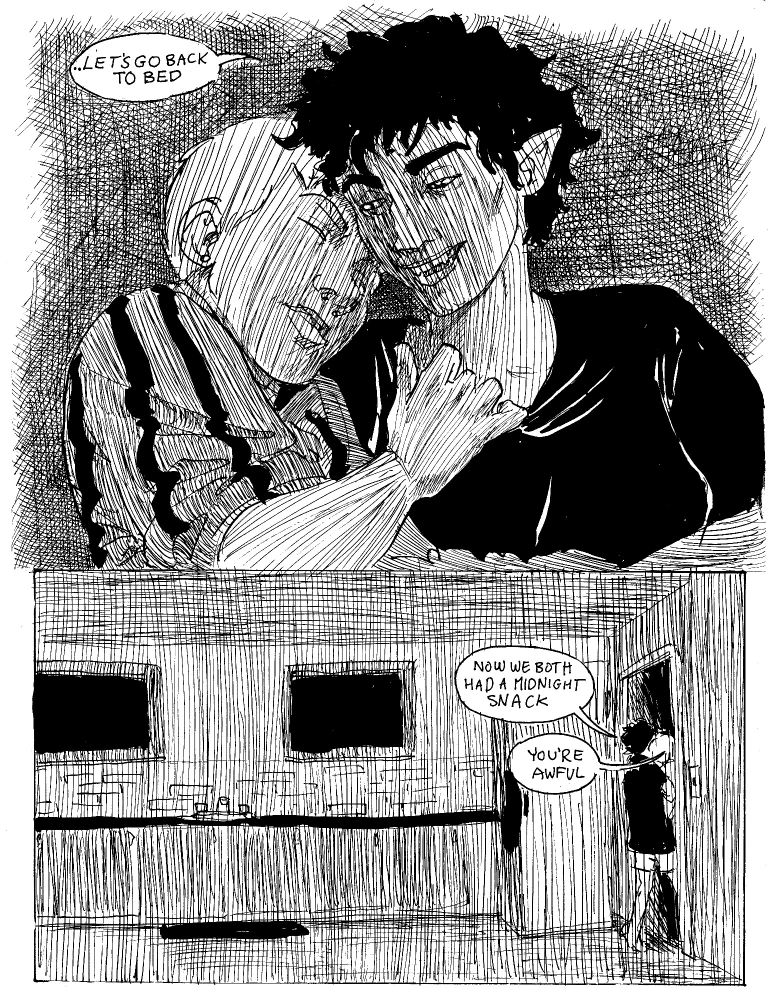 Black and white. Vampire is carrying their girlfriend, who is sleeping from being fed on. They go back to bed together.