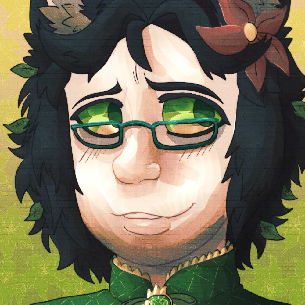 an icon illustration of a catperson with short black hair with leaves in it.