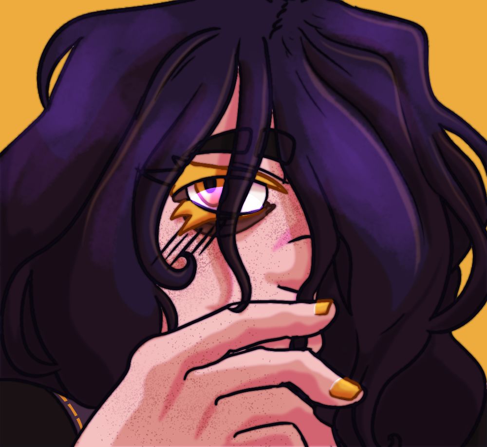 an icon illustration of a light-skinned person with wavy dark long hair cascading over half of their face. they have golden eyes and eyelashes.