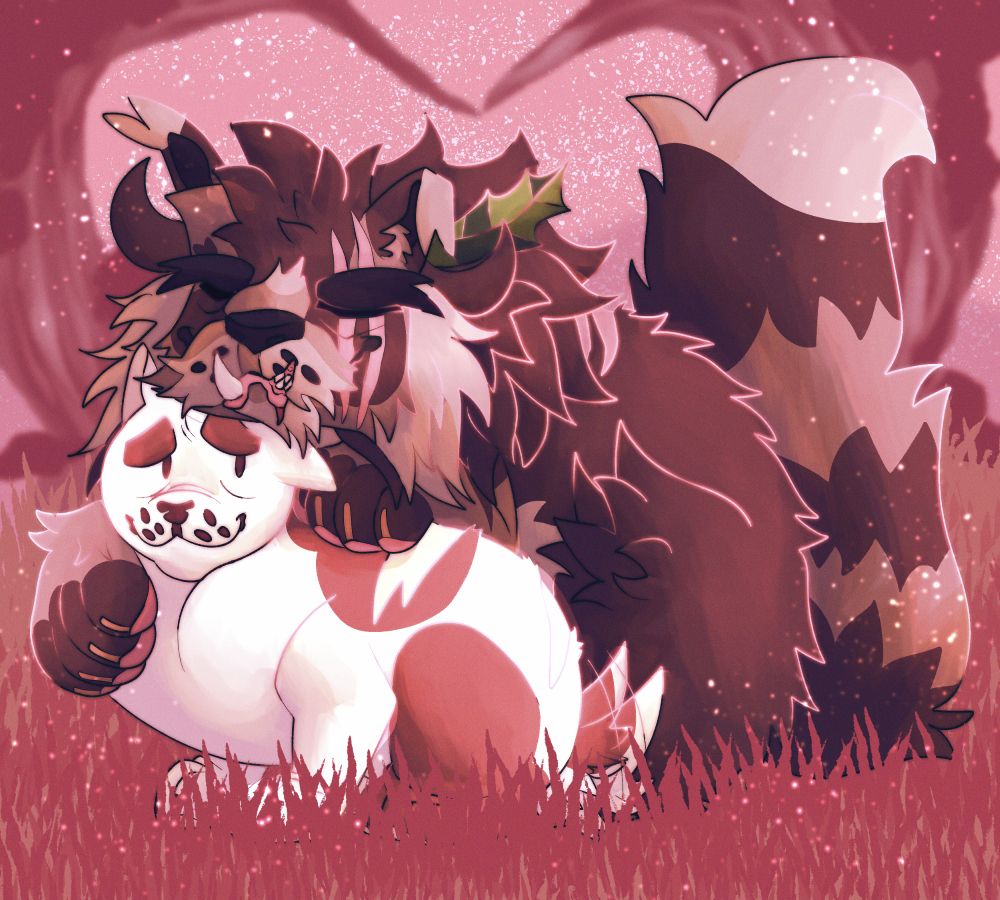 an illustration of two cats cuddling in a field.