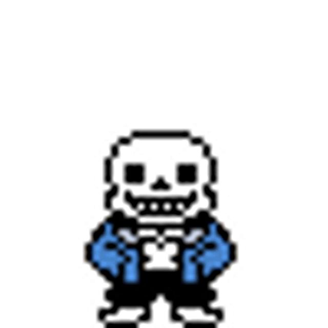 a pixel art drawing of sans from undertale wearing a blue sweater and pants .