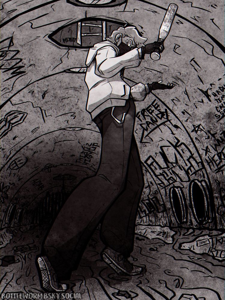 It is a grayscale image depicting a young man in some sort of sewer tunnel. The perspective is forced and warped, and taken from a low angle close to the ground. The character in question is Cain, a 16 year old teenager with short hair, baggy clothing, finger less gloves, and a bloodied baseball bat. A black surgical mask covers the lower portion of his face. The image overall looks like a POV of him having just beaten you, the viewer. Various graffiti is scribbled all over the walls, from "free candy" to "fuck," "acab" and "this iz high up" on the ceiling in the background. Some images drawn on the walls include a stussy, a smiley face, middle fingers under the "fuck," and various other things somewhat hidden among the filth on the walls. The tunnel seems to be lit by maintenance lights of some sort embedded in the ceiling.
