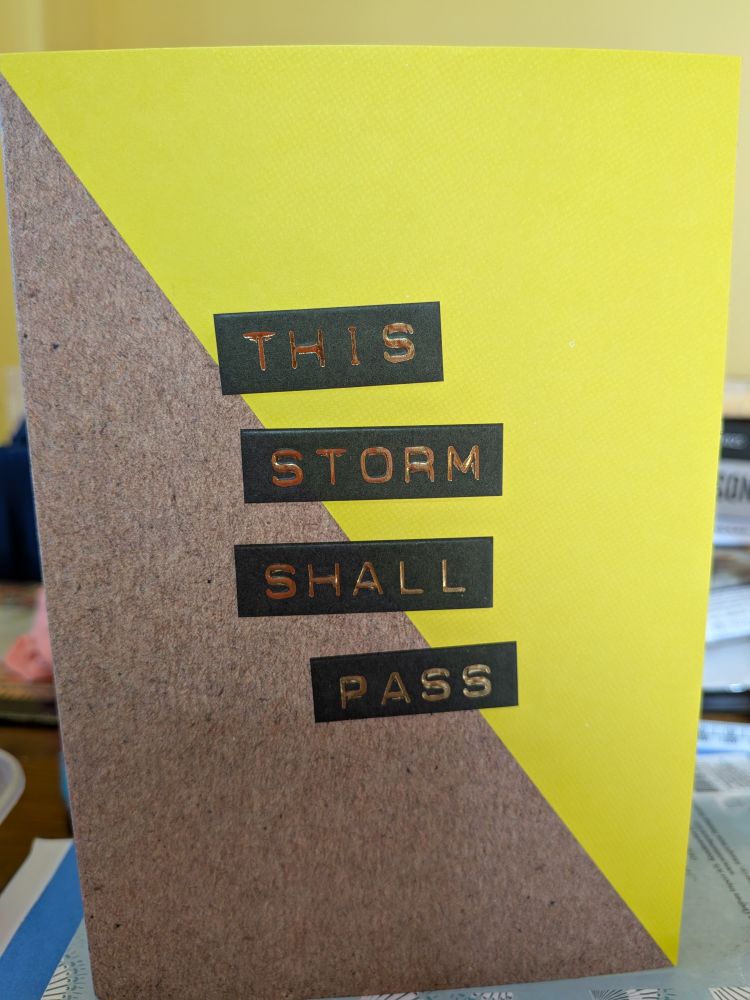 Yellow and beige card with typed text stripes reading THIS STORM SHALL PASS