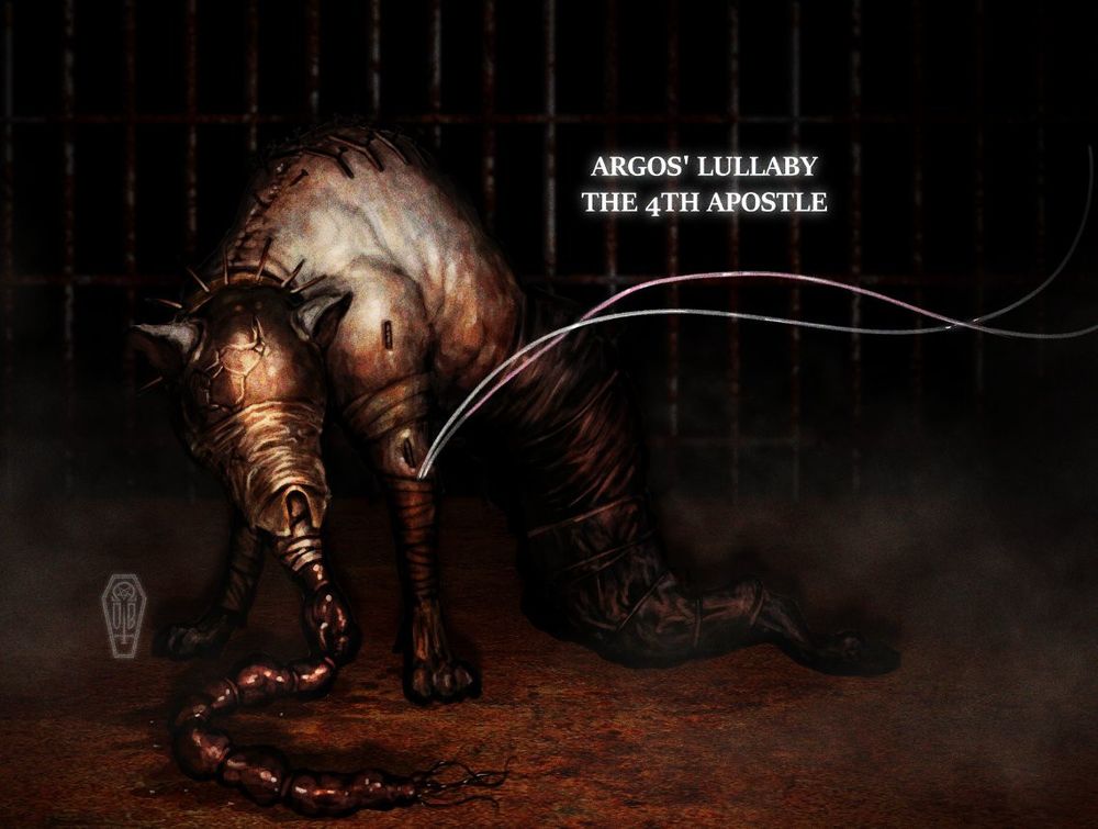 A large dog shaped creature. It’s face is bound by rags and a hard shell like mask. The mask has a protruding umbilical cord that drags on the floor. The creature is hunched and in a defensive pose. It’s back has scars that resemble surgery scars, all going down it’s back. The creature has pieces of metal frame sticking out of its back and front legs. Out of its left front leg two IV tubes flow outward, one white, one pink. The creature’s back legs are bound and don’t have any function. This implying the creature drags itself because it’s back legs don’t work anymore. 