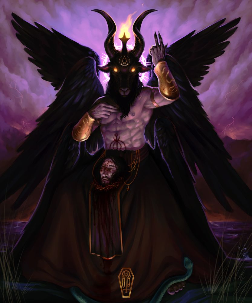 A holy image of Baphomet, six wings spread draped in shadow, Baphomet its back lit by a crown of thorns that shines with brilliance. It's horns pointed to the sky, and torch between them, A symbol of enlightenment burning bright. It holds one hand up, pointed to the sky, the other pointed at its heart in a recreation of a holy figure's posture. In the draped lap of Baphomet, a decapitated head of a human claimed messiah, beaten and bruised, blood leading down the garment of Baphomet. The head rests on a crown of thorns. Beneath the foot of Baphomet is a snake that emerges from underneath the draped garment. The image enlightens you. It calls to you, to come forth unafraid and unburdened by shame. You feel power inside of your chest, like you've been called to accept something beautiful.