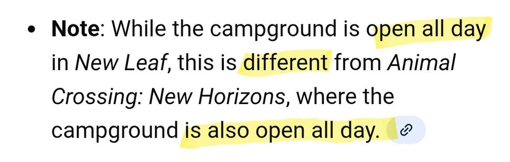 Screenshot of a note from Google AI that reads "while the campground is open all day in New Leaf, this is different from Animal Crossing: New Horizon's, where the campground is also open all day."
