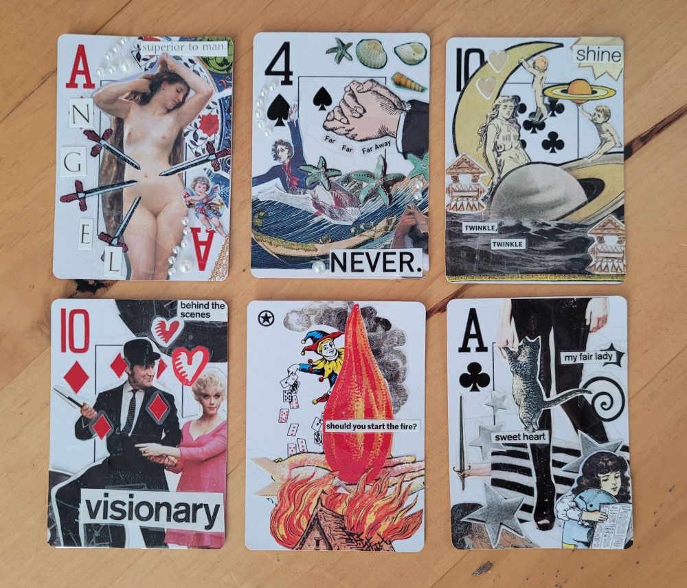 Playing cards that have been customized with collage art of various themes. 
