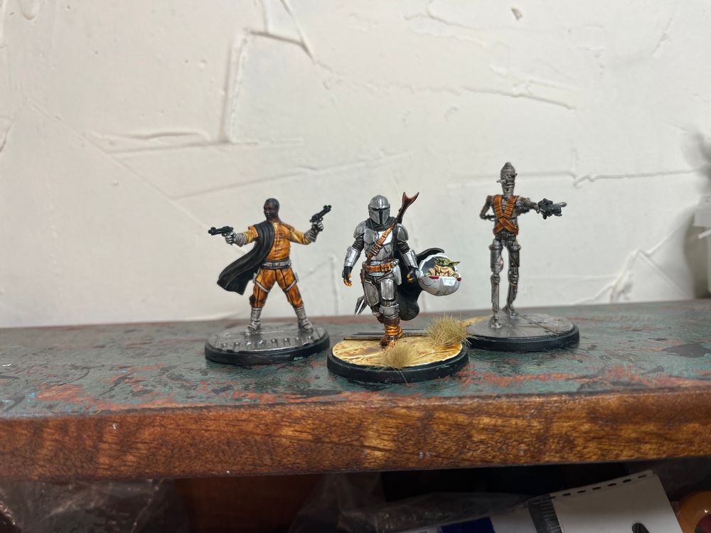 The Mandalorian, Greef Karga, and IG 11 assembled and painted for Star Wars Shatterpoint 