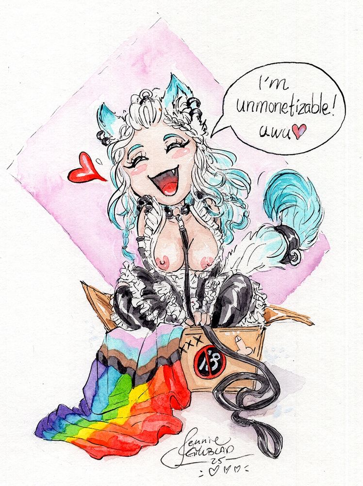 A cute catgirl in kink gear with her tits out, sitting in a box and being like "I'm unmonetizable Uwu". A pride flag is draped over the edge of the box.
