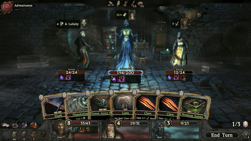 A screenshot from a round of the Deepest Chamber: Resurrection video game. The player is fighting the boss character Queen Elaa in the middle, with two of her minions, the midwifes, to her left and her right.