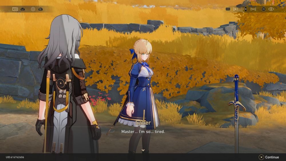 Saber tells the player character she is tired in Honkai Star Rail's Fate collab event