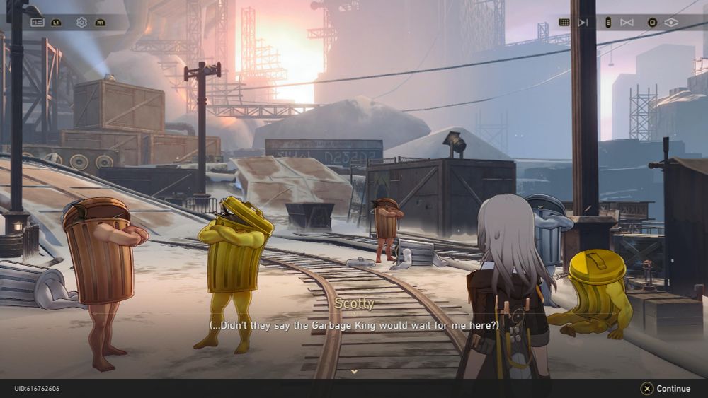 Screenshot from Honkai Star Rail where the player character looks out at a battlefield camp populated with living trash cans