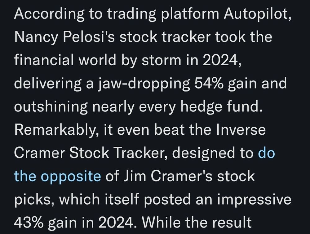 According to trading platform Autopilot, Nancy Pelosi's stock tracker took the financial world by storm in 2024, delivering a jaw-dropping 54% gain and outshining nearly every hedge fund. Remarkably, it even beat the Inverse Cramer Stock Tracker, designed to do the opposite of Jim Cramer's stock picks, which itself posted an impressive 43% gain in 2024.