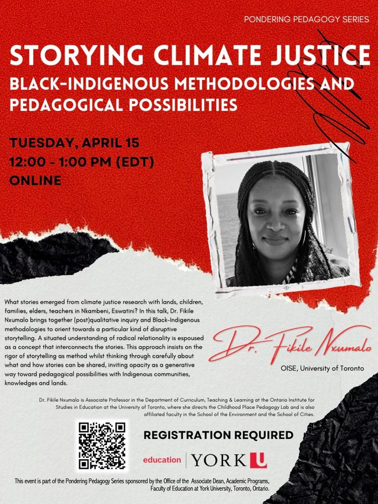 Storying Climate Justice: 
Black-Indigenous Methodologies and Pedagogical Possibilities
Tuesday, April 15
12:00-1:00pm (Eastern Time)

Dr. Fikile Nxumalo
OISE, University of Toronto

What stories emerged from climate justice research with lands, children, families, elders, teachers in Nkambeni, Eswatini? In this talk, Dr. Fikile Nxumalo brings together (post)qualitative inquiry and Black-Indigenous methodologies to orient towards a particular kind of disruptive storytelling. A situated understanding of radical relationality is espoused as a concept that interconnects the stories. This approach insists on the rigor of storytelling as method whilst thinking through carefully about what and how stories can be shared, inviting opacity as a generative way toward pedagogical possibilities with Indigenous communities, knowledges and lands.
 