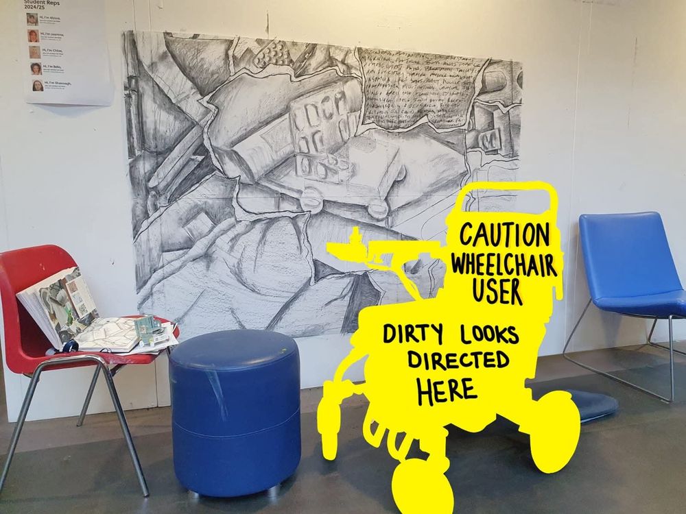 A wheelchair that says 'dirty looks directed here' on it