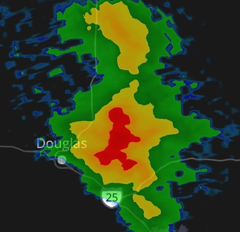 Weather radar image that appears to be in the shape of a profile of a zombie walking.