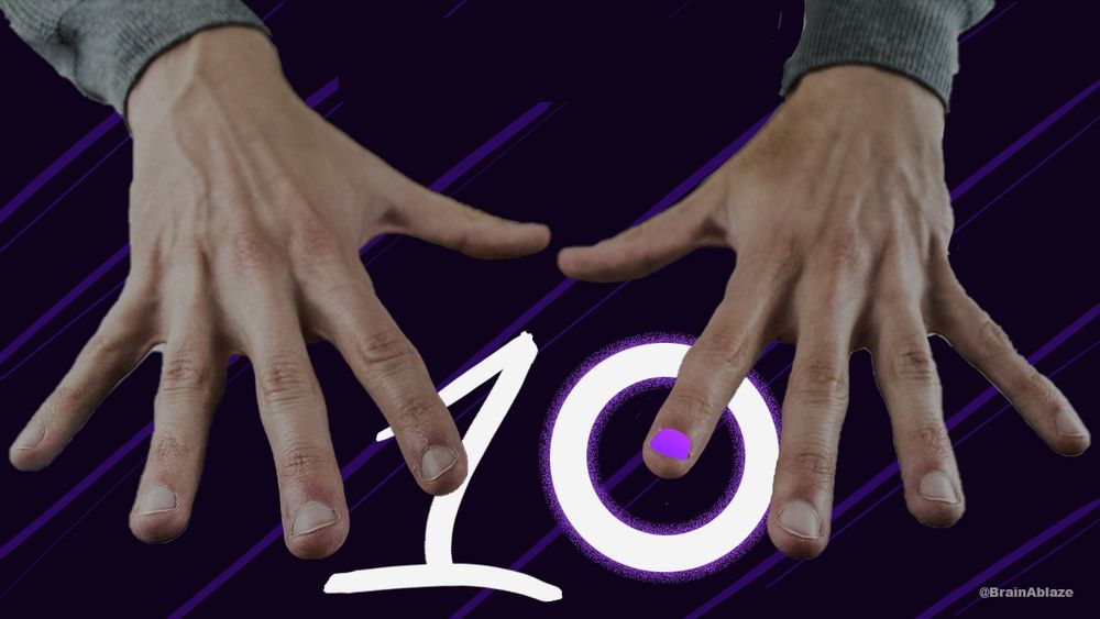 Two hands are displayed in front of a 10. One of the fingernails is painted purple.
