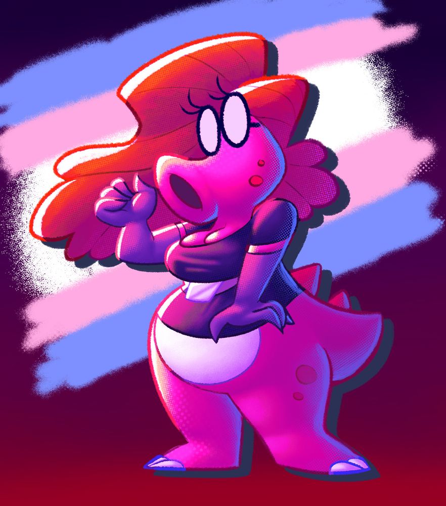 A drawing of my wife, Catherine Welegi (@welegi.lol), as Birdetta from the Super Mario series. She looks mostly just like Birdetta, although she has Catherine's hair, dress, belt, opera gloves, glasses, and breasts. The dress covers approximately half of the body, with Birdetta's tail and trademark white underbelly and below visible.

Her pose is playful, with one of her hips jutting out. The arm opposite the extended hip is pointing downwards, with her hand splayed out almost as if it is resting on something unseen, whereas her other arm is curled upwards with her fingers similarly curled inwards in such a way that her nails would be showing were she not wearing gloves. Her hair flows in the direction of this arm and hand, almost making it look like she has flipped it with said hand.

She is drawn in front of a dark blue-to-deep red gradient background, with the dark blue on the top and middle and deep red on the very bottom, with the trans flag seemingly graffiti'd behind her head. Between her body and the flag and over the background is a dark grey drop shadow.

The colors of the drawing are vibrant, with an emphasis on pink and blue. A light blue rimlight is visible along the right side of her body.