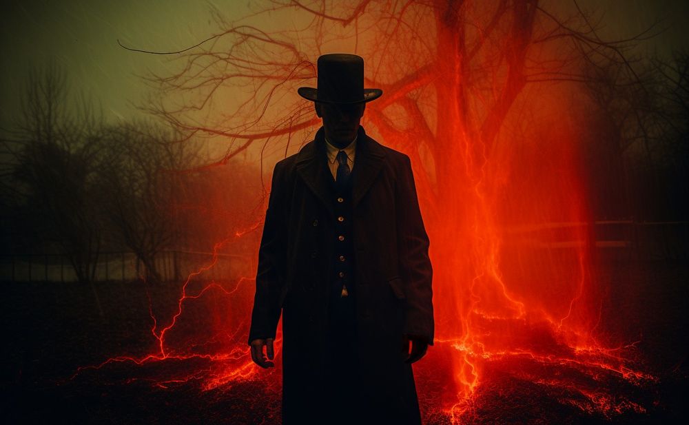 A shadowy figure wearing a hat, with vibrant red electrical activity and dead tree behind him.