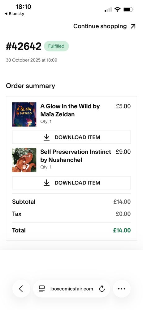 Receipt for two comics - A Glow in the Wild by Maïa Zeiden and Self Preservation Instinct by Nushanchel 