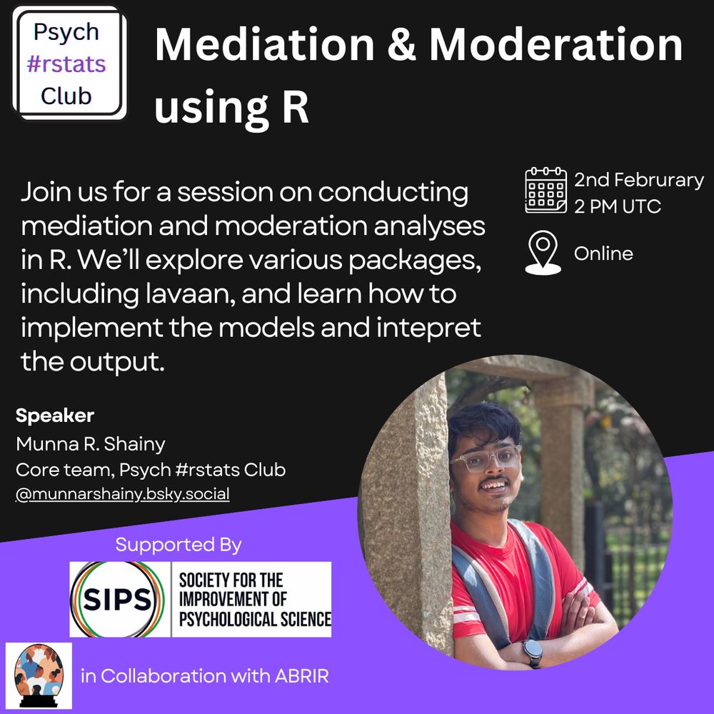 Poster for mediation and moderation session by Psych #rstats Club. The poster has a black and purple background with speaker's picture on the right and information about the session on the left.