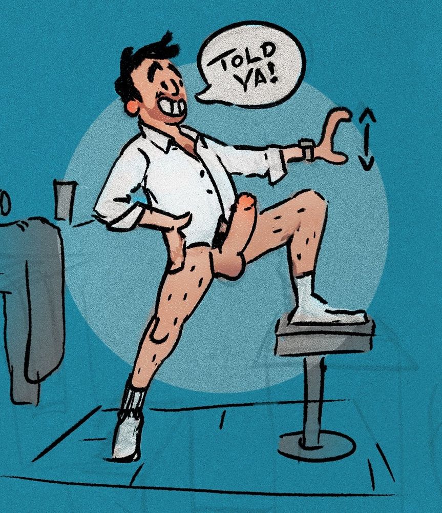 Pantsless cartoon man saying "Told Ya!" And holding up a hand sign to reference his size.