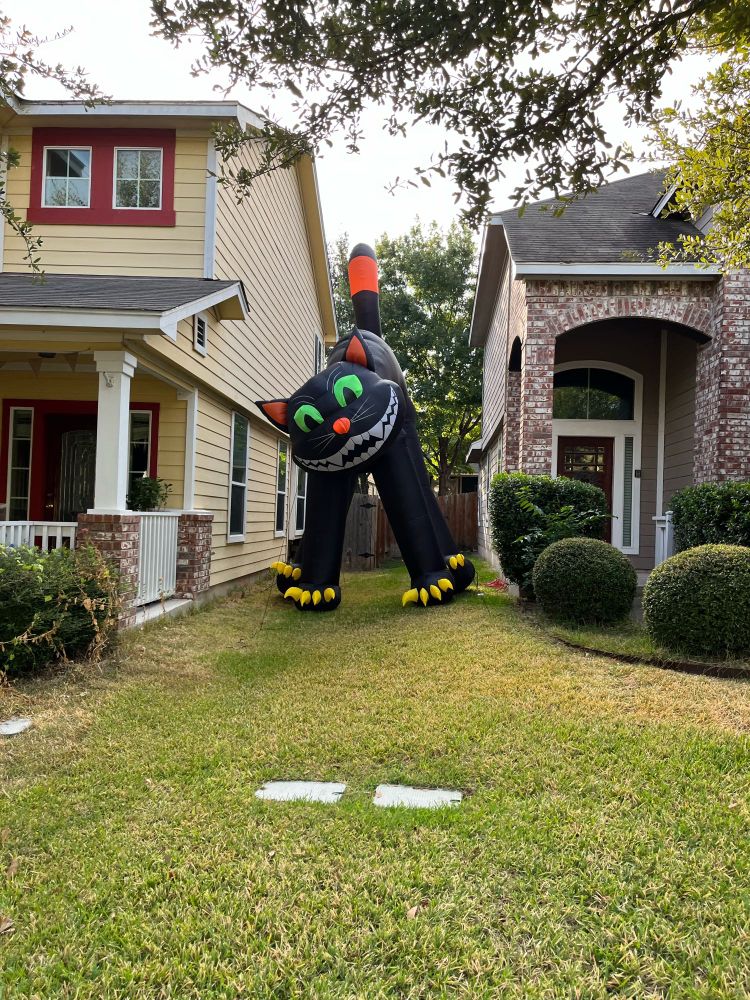 Giant inflatable 20ft cat Halloween decoration. 