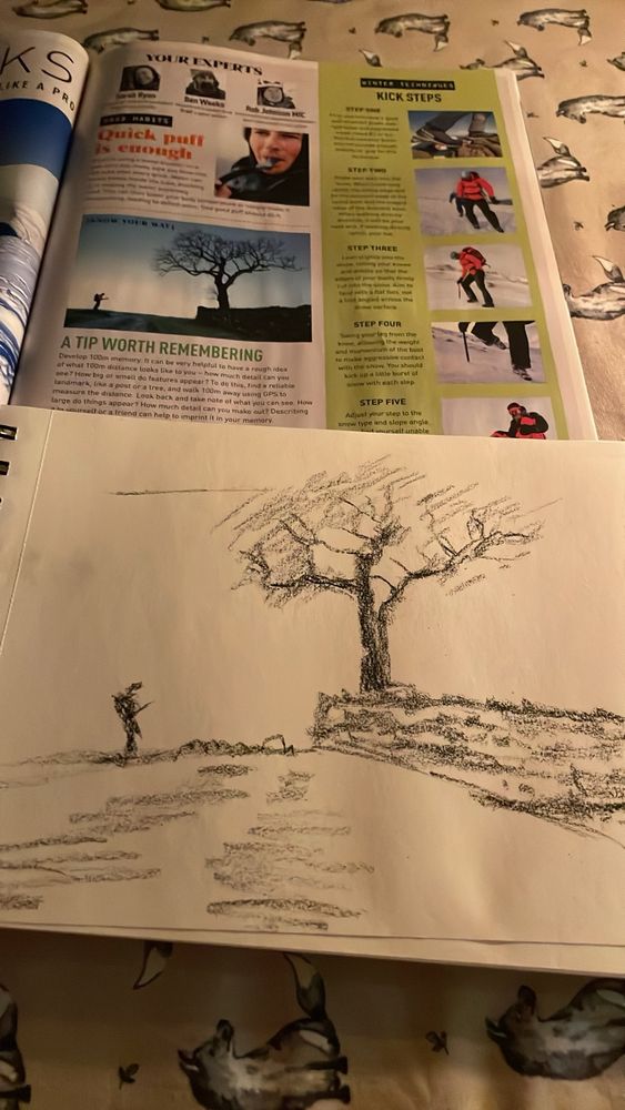 A simple black and white sketch using charcoal of a field with a tree behind a wall and a silhouette of a person 