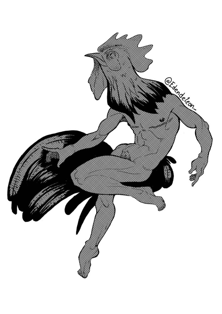 Traditional drawing with black ink on white paper, portraying an anthropomorphic person with a rooster head and tail. Their chest has visible top surgery scars.