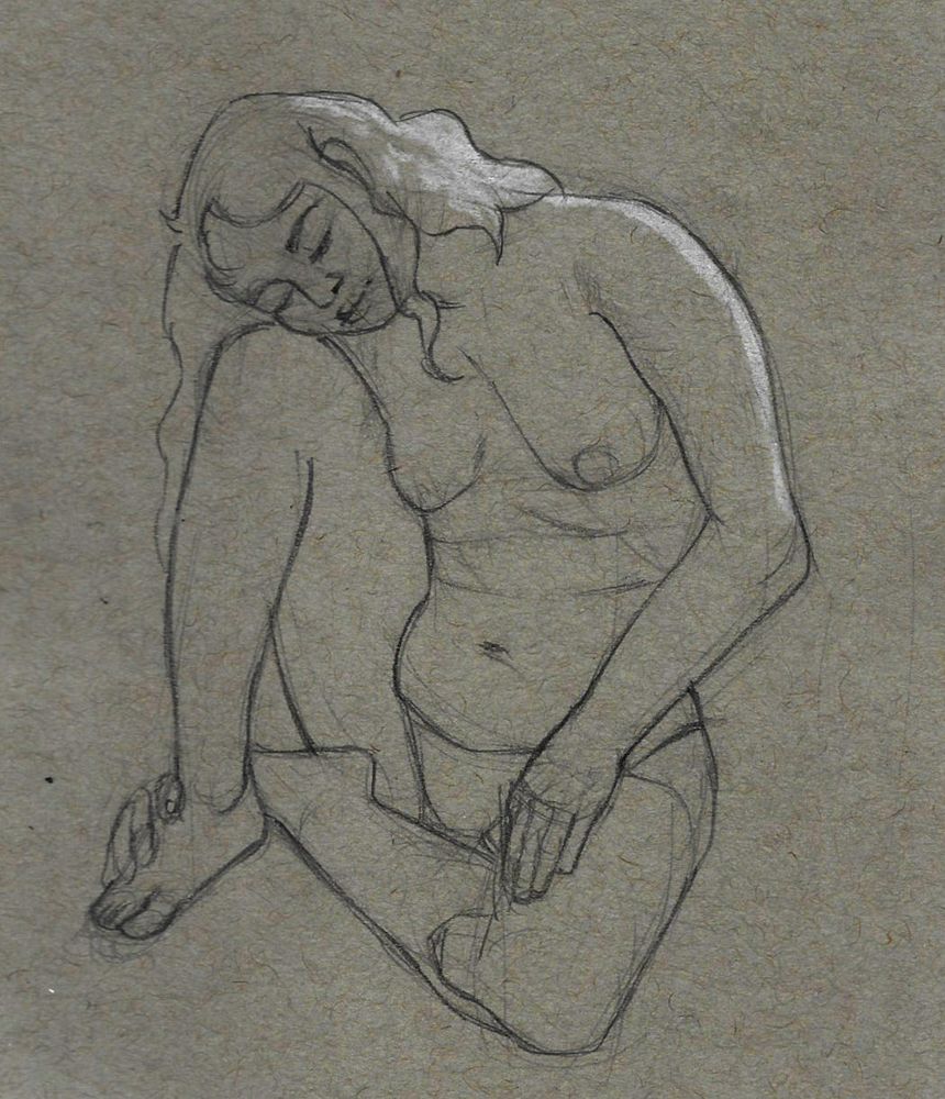 Simple Graphite and white chalk drawing on gray paper of a model resting their head on their left leg, as light comes from behind. 

There aren't many details apart from the outline and the white chalk.