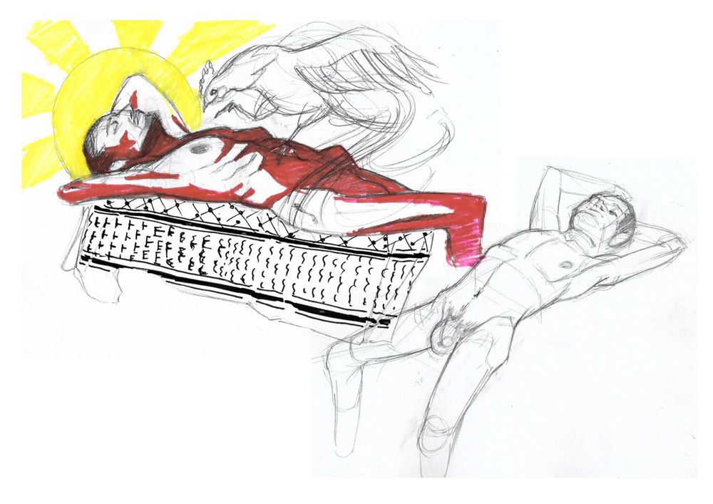 Two sketches of the same model laying down, one of which is much more detailed. There's a yellow sun behind his head, emanating light rays; a rooster lays on top of his belly; and underneath him, rests a kufiyah.